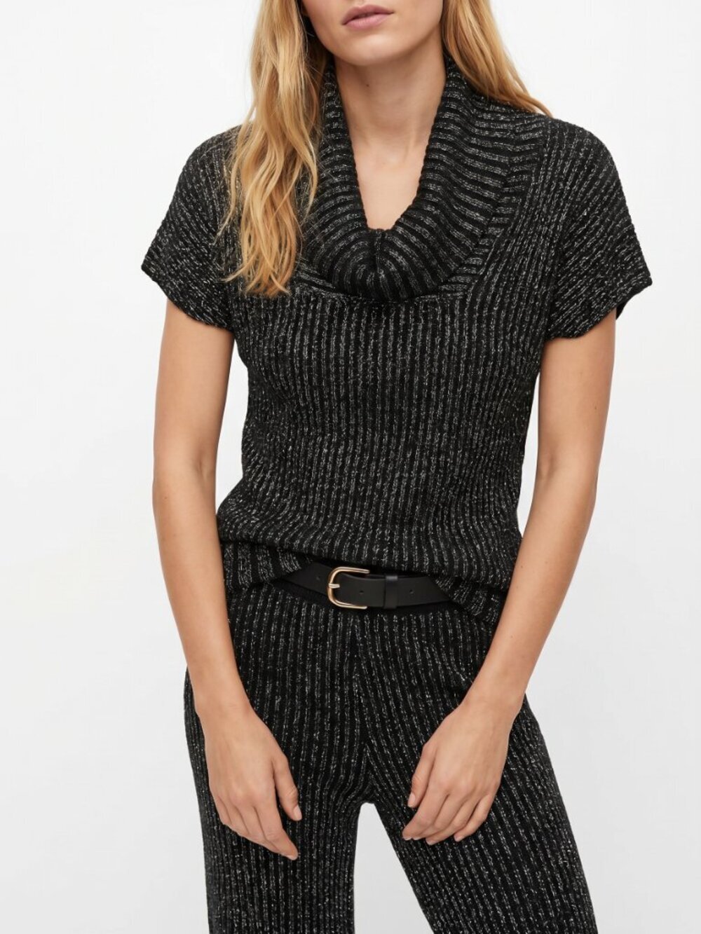 Ladies Jessica Black Metallic Ribbed Cowl-Neck Sweater